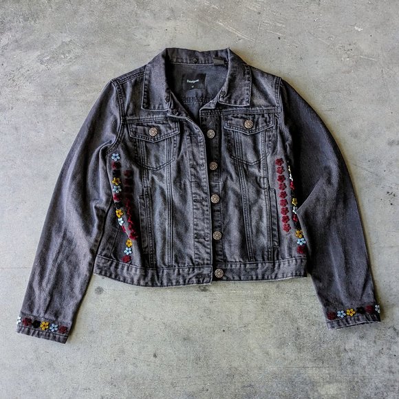 Desigual Gabrielle Black Denim Velvet Floral Jean Jacket size 42